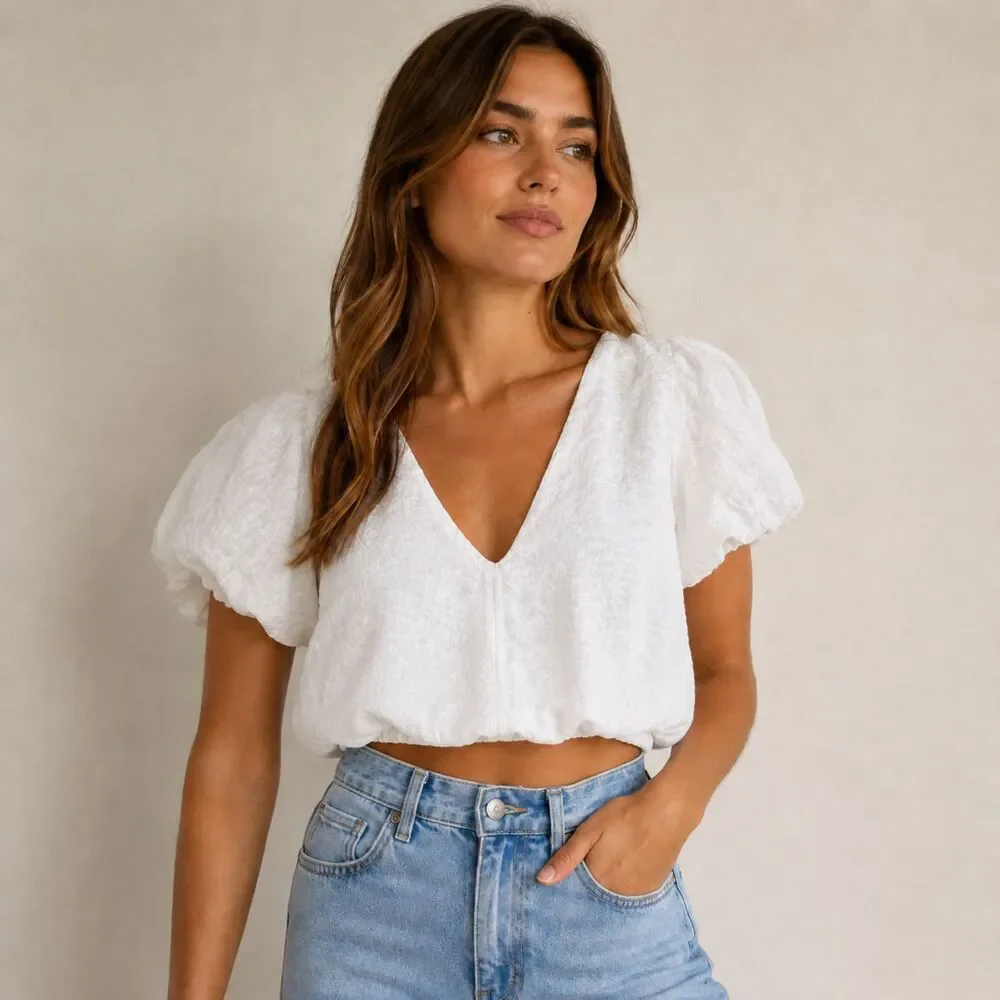 ASTR The Label White Crinkle Gauze Puff Sleeve Crop Top Large